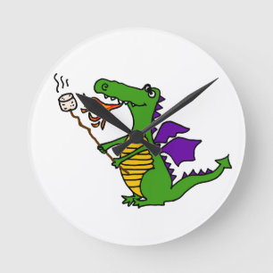 Funny Dragon Roasting Marshmallows Cartoon Runde Wanduhr