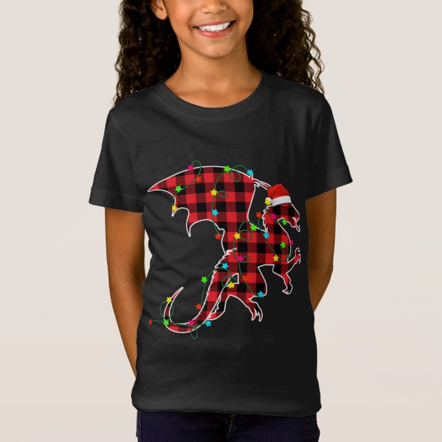 Funny Dragon Weihnachtsbaum Rote Karierte Weihnach T-Shirt (Vorderseite)