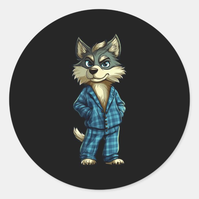 Funny Dreamy Wolf In Pajama Outfit For Sleepy Boys Runder Aufkleber (Vorderseite)