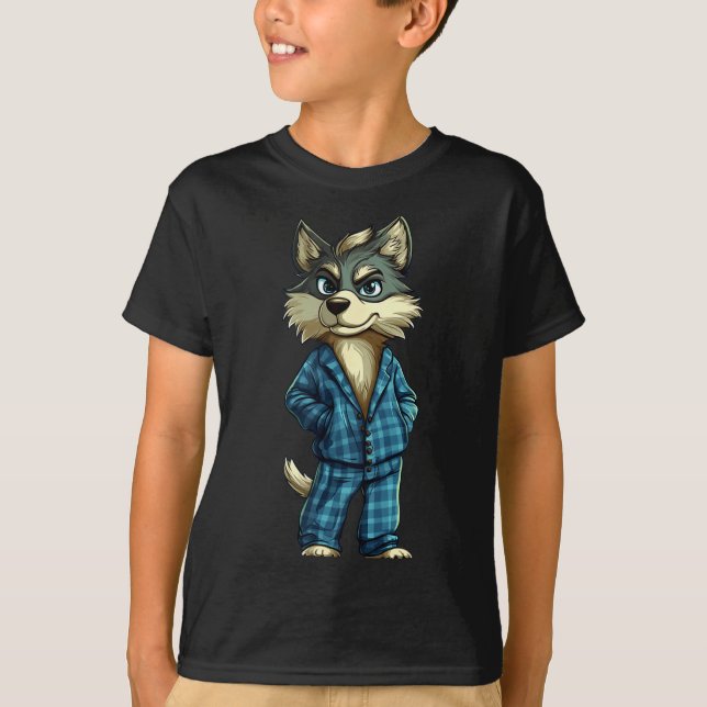 Funny Dreamy Wolf In Pajama Outfit For Sleepy Boys T-Shirt (Vorderseite)