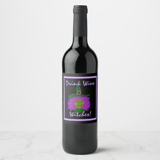 Funny Drink Wine Hexe Lila Schwarzes Weinetikett (Vorderseite)