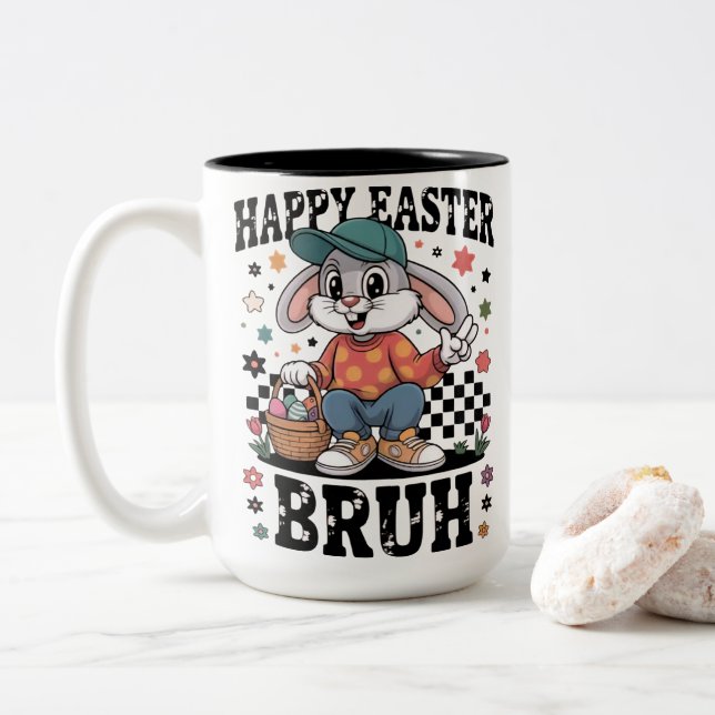 Funny Easter Bunny Bruh | Cool Rabbit With Sunglas Zweifarbige Tasse (Mit Donut)