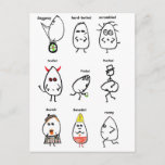 Funny Egg Puns Postkarte<br><div class="desc">Das Design von Eierschalen zeigt handgezeichnete,  lustige Eier,  die den Spaß in der Art des Eizellnamens verwenden,  um ein passendes Cartoon-Bild zu erstellen.  Für Leute,  die Eier und Brötchen mögen.</div>