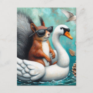 Funny Eichhörnchen auf einem aufblasbaren Schwan Postkarte