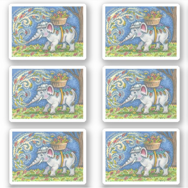 FUNNY ELEPHANT BLOWING AUTUMN LÄSST IN BASKET AUFKLEBER (Vorderseite)