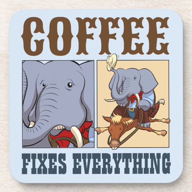 Funny Elephant Coffee behebt alles Cartoon Getränkeuntersetzer (Vorderseite)