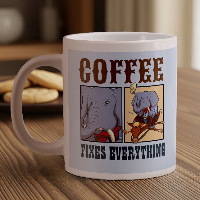 Funny Elephant Coffee behebt alles Cartoon Jumbo-Tasse (Von Creator hochgeladen)