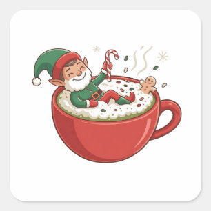Funny Elf Bathub auf Matcha Drink Quadratischer Aufkleber