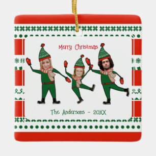 Funny Elf Familie Foto Red Green Frohe Weihnachten Keramikornament