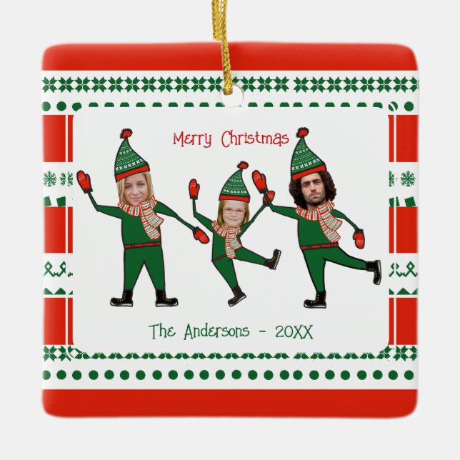Funny Elf Familie Foto Red Green Frohe Weihnachten Keramikornament (Vorderseite)