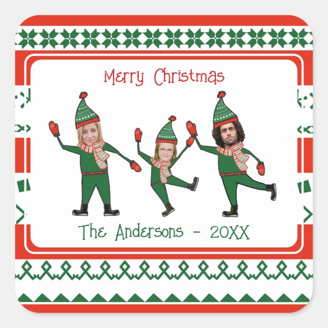 Funny Elf Familie Foto Red Green Frohe Weihnachten Quadratischer Aufkleber (Vorderseite)