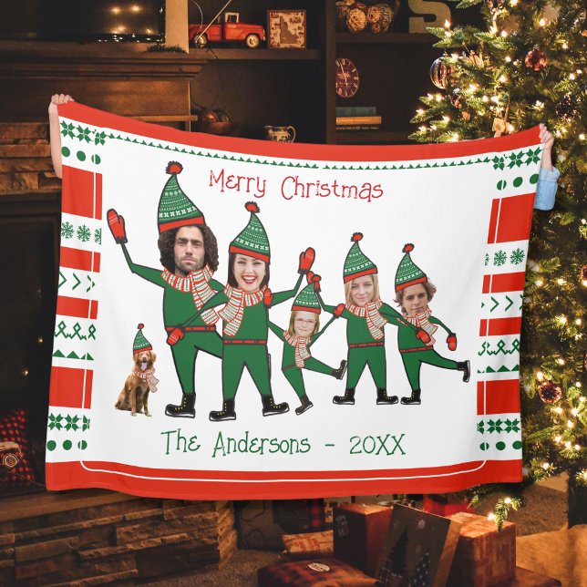 Funny Elf Familie von Five Hund Red Green Weihnach Fleecedecke (Von Creator hochgeladen)