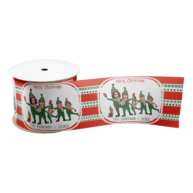 Funny Elf Familie von sechs mit Hunden Red & Green Satinband (Spule)