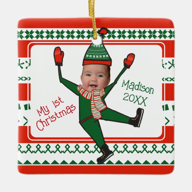 Funny Elf Mein erstes Weihnachts Red Green Custom Keramikornament (Vorderseite)