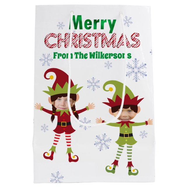 Funny Elves Custom Kids Fotos Frohe Weihnachten Mittlere Geschenktüte (Rückseite)