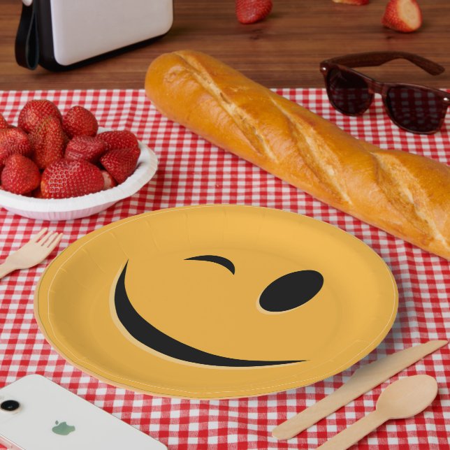 Funny Emoji Wink Smile Laugh Gelbes Gesicht Pappteller (Picknick)
