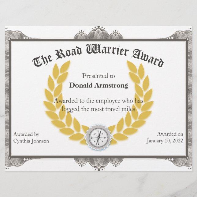 Funny Employee Award - Road Warrier (Vorderseite)