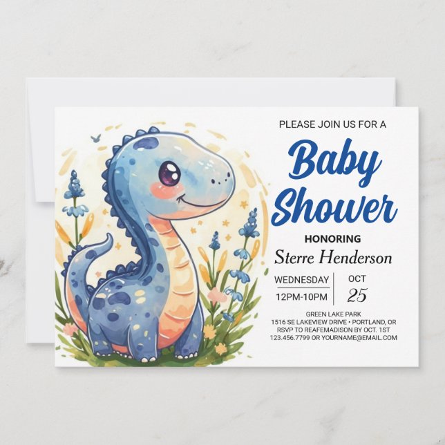 Funny Enchanted Blue Dinosaur Boy Baby Shower Einladung (Vorderseite)