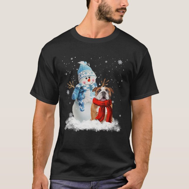 Funny English Bulldog Christmas Snowman Weihnachte T-Shirt (Vorderseite)