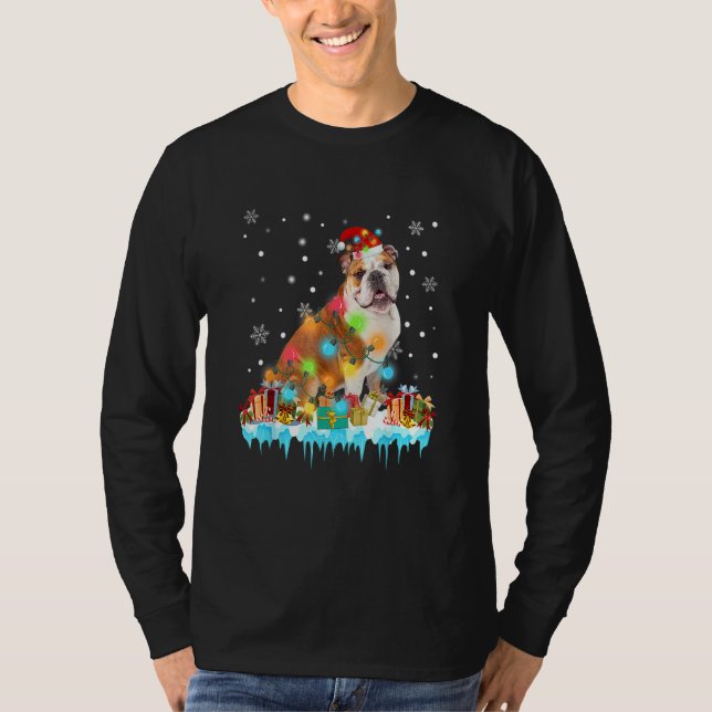 Funny English Bulldog Dog Tree Weihnachtsbeleuchtu T-Shirt (Vorderseite)