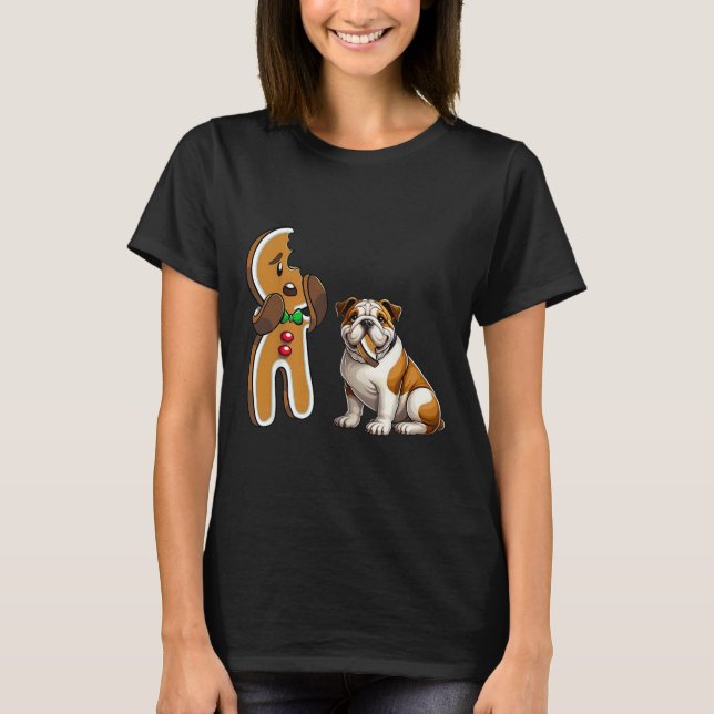 Funny English Bulldog Hund Biting Gingerbread Merr T-Shirt (Vorderseite)