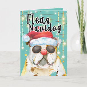 Funny English Bulldog in Lights Happy Holiday Karte