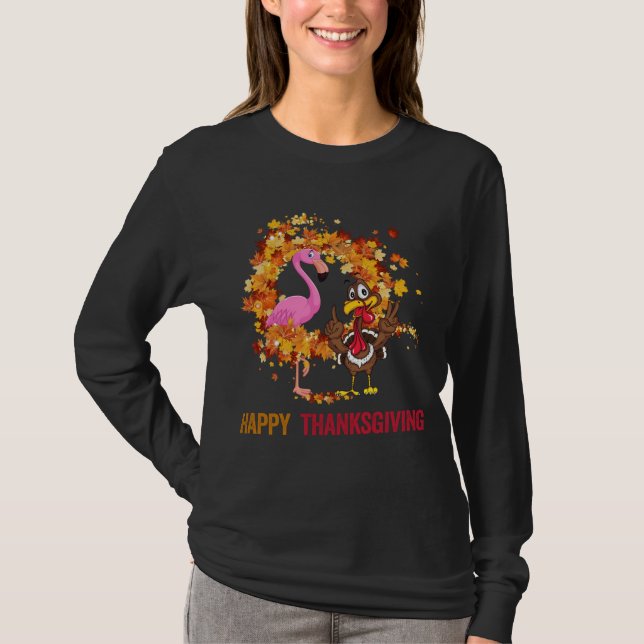 Funny Erntedank Flamingo mit der Türkei Niedlicher T-Shirt (Vorderseite)