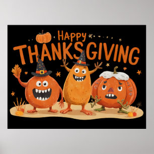 Funny Erntedank Pumpkins in Hexenhats Cartoon Poster