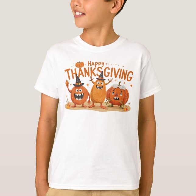 Funny Erntedank Pumpkins in Hexenhats Cartoon T-Shirt (Vorderseite)