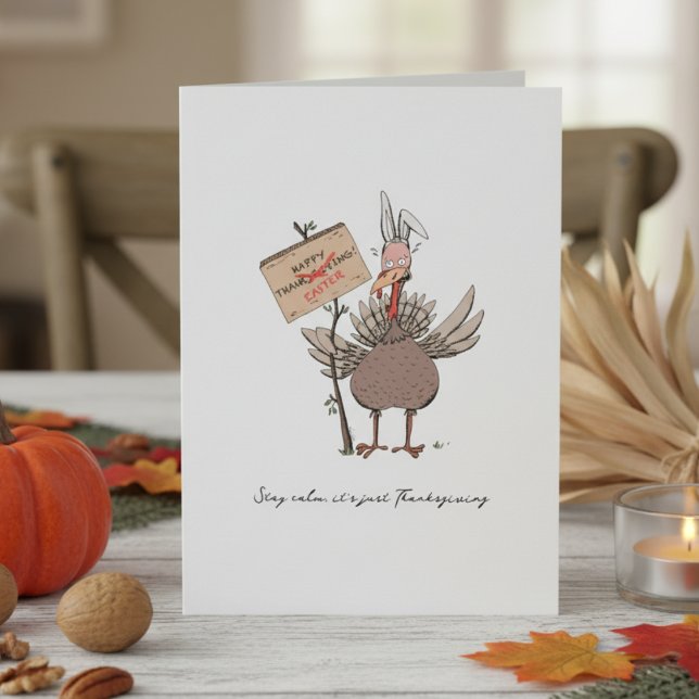 Funny Erntedank Türkei Feiertagskarte (Funny Turkey Disguised as an Easter Bunny Hand Drawn Illustration. Humorous Thanksgiving Turkey Card)