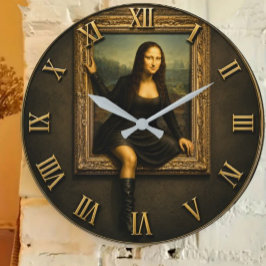 Funny Escaping Mona Lisa Stepping Out of the Frame Große Wanduhr