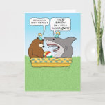 Funny Excited Shark Birthday Karte<br><div class="desc">This funny birthday card feature a bear who is calling out his shark friend for peeing in the pool. Ol' Sharky got a little too excited. Thanks for choosing this original design by © Chuck Ingwersen. I post cartoons every day on Instagram: https://www.instagram.com/captainscratchy</div>