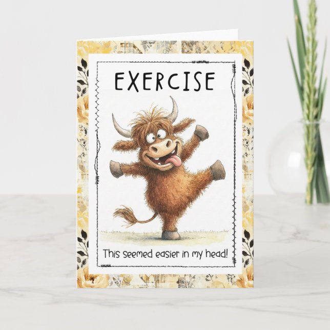 Funny Exercise Highland Cow Greeting Card Karte (Vorderseite)