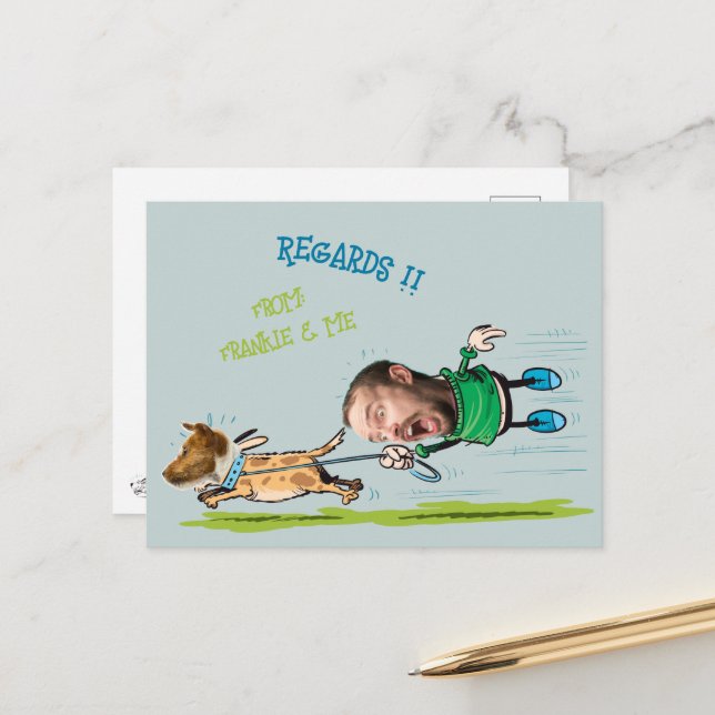 Funny Face Foto Man Wanderhund spielerisch Postcar Postkarte (Vorderseite/Rückseite Beispiel)