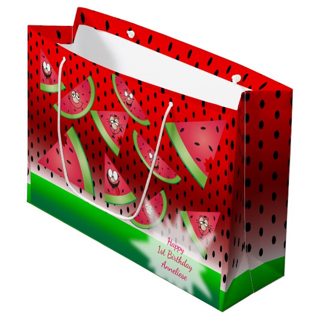Funny Face Watermelon Kid's Geburtstag Große Geschenktüte (Vorderseite Schrägansicht)