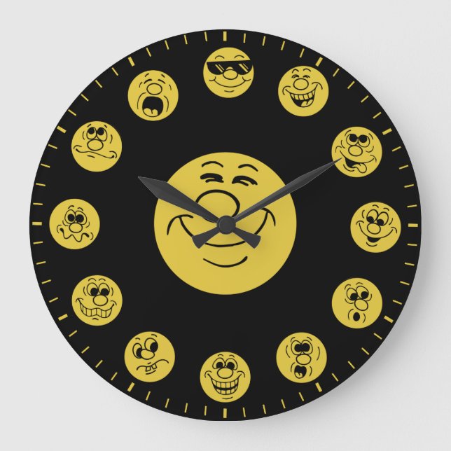 Funny Faces & Expressions in Gold Emoji's Große Wanduhr (Vorderseite)