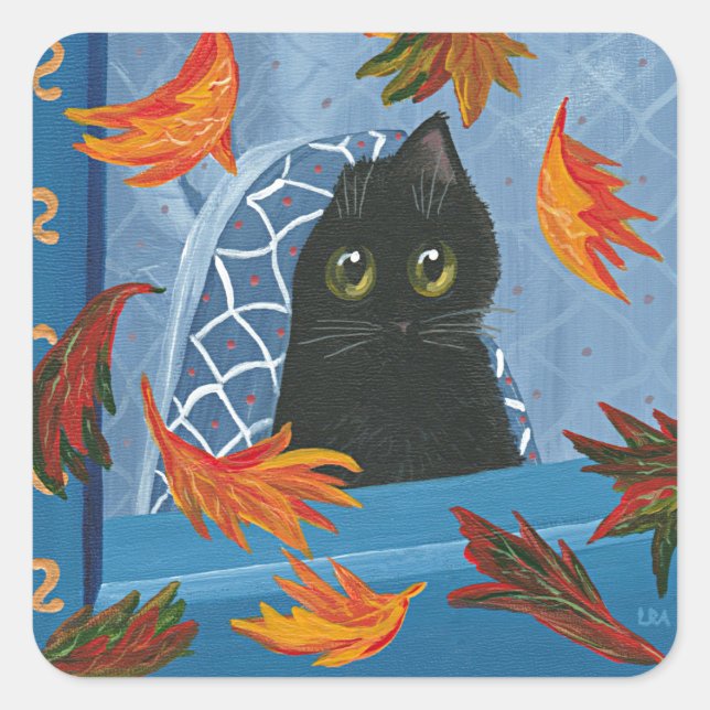 Funny Fall Black Cat Creationarts Quadratischer Aufkleber (Vorderseite)