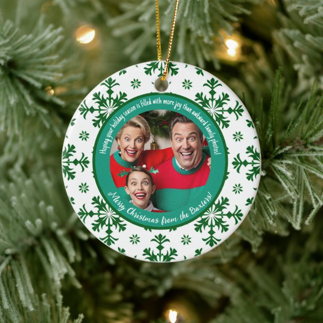 Funny Family Foto gefüllt mit Joy Green & White Keramik Ornament (Baum)