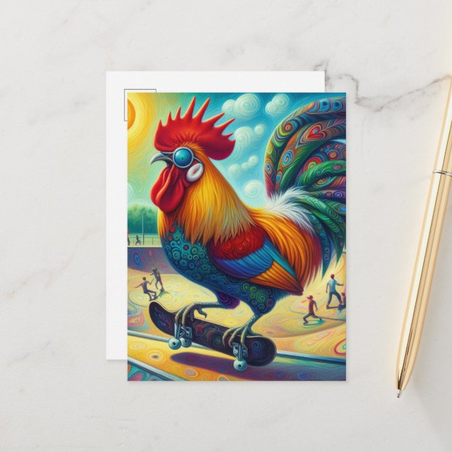 Funny farbig Surreal Skateboarding Rooster Postkarte (Vorderseite/Rückseite Beispiel)