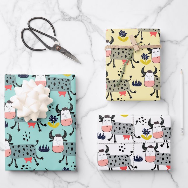 Funny Farm Cows Wrapping Paper Set von 3 Geschenkpapier Set (Vorderseite)