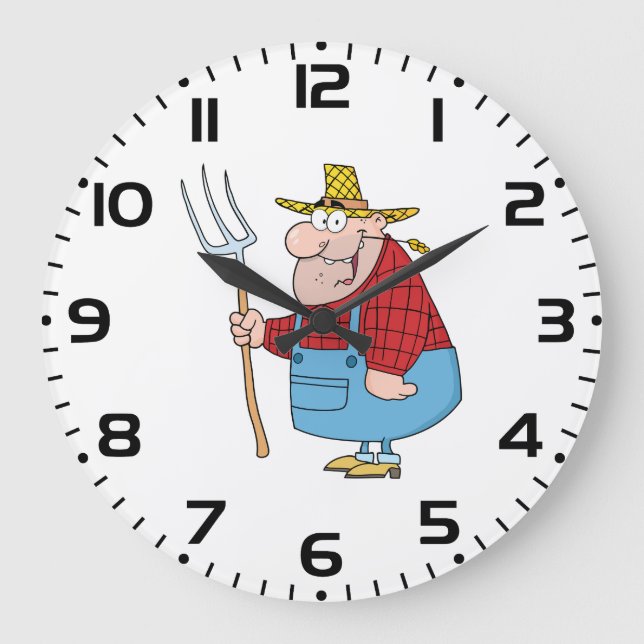 Funny Farmer Pitchfork Overalls and Straw Hat Große Wanduhr (Vorderseite)