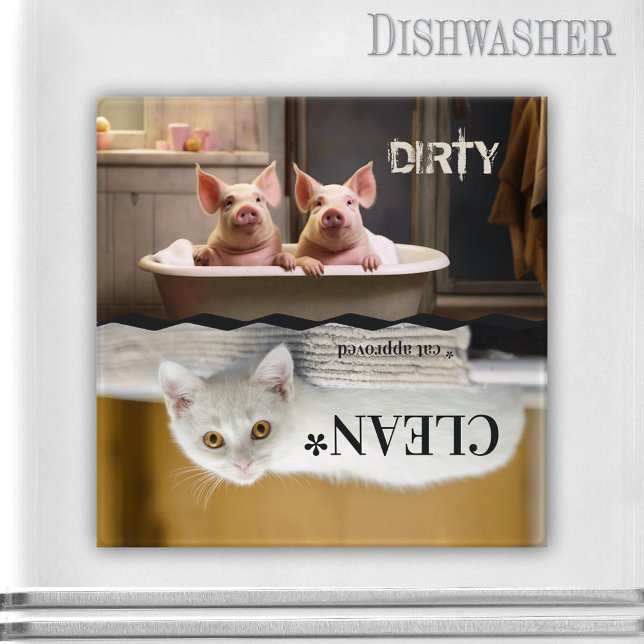 Funny Farmhouse Pig Cat Geschirrspülmaschine Magne Magnet (Farmhouse dishwasher magnet featuring funny pigs in the bathtub and an upside-down white kitty)