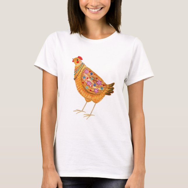 Funny Fashionable Floral Chicken with Jewelry T-Shirt (Vorderseite)