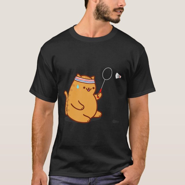 Funny Fat Cat Playing Dminton T-Shirt (Vorderseite)