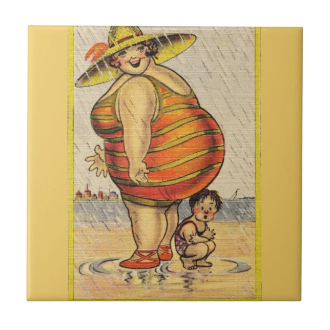 Funny Fat Lady on Beach Fliese (Vorderseite)