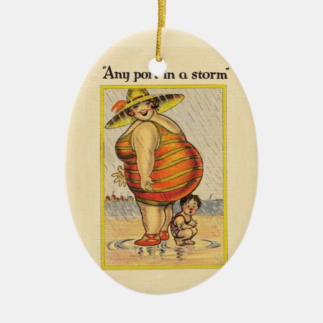 Funny Fat Lady on Beach Keramik Ornament (Vorne)