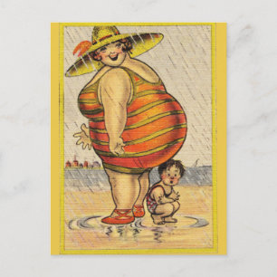 Funny Fat Lady on Beach Postkarte