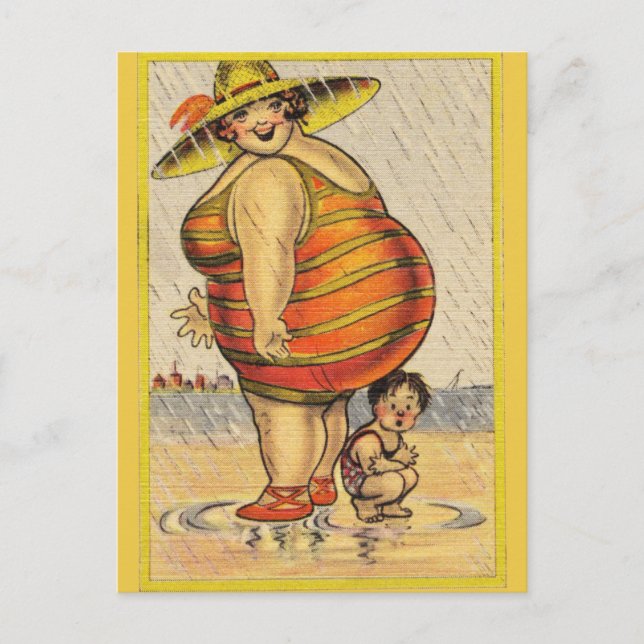 Funny Fat Lady on Beach Postkarte (Vorderseite)