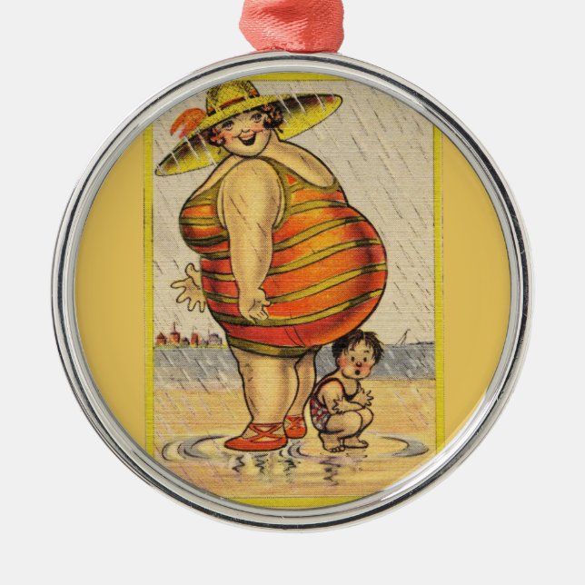 Funny Fat Lady on Beach Silbernes Ornament (Vorne)
