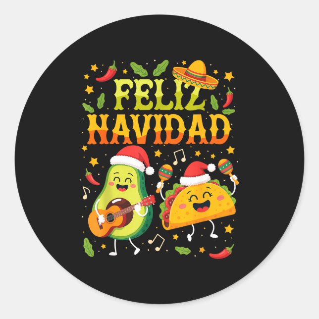Funny Feliz Navidad Avocado Tacos Mexican Christma Runder Aufkleber (Vorderseite)